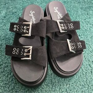 Seychelles Women's 8 Zoey Sandals Black Suede Double Strap 2 inch Platform NWOT